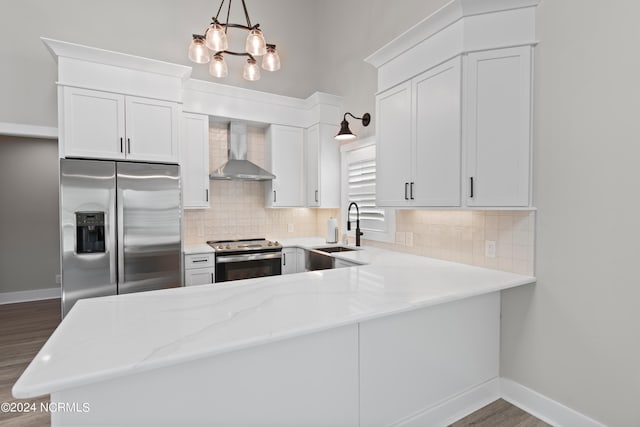 kitchen featuring sink, wall chimney range hood, kitchen peninsula, white cabinets, and appliances with stainless steel finishes