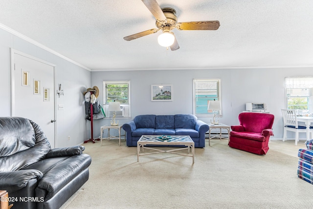 living room featuring carpet floors, a healthy amount of sunlight, a textured ceiling, and crown molding