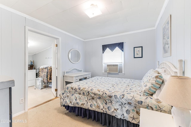 carpeted bedroom featuring cooling unit and crown molding