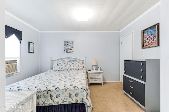 bedroom featuring ornamental molding, cooling unit, and light colored carpet