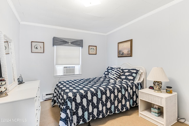 bedroom with light carpet, ornamental molding, a baseboard radiator, and cooling unit