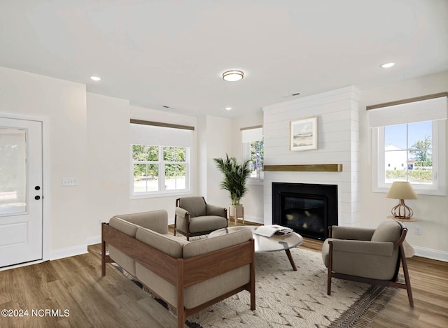 living room featuring hardwood / wood-style flooring, a healthy amount of sunlight, and a fireplace