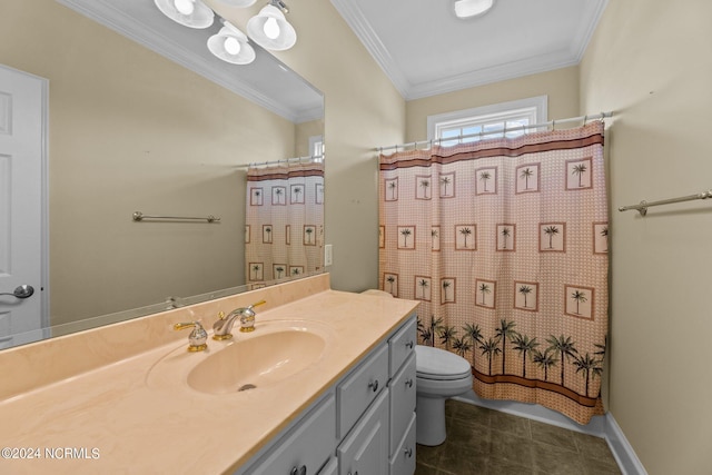 full bathroom featuring curtained shower, toilet, vanity, tile patterned floors, and crown molding