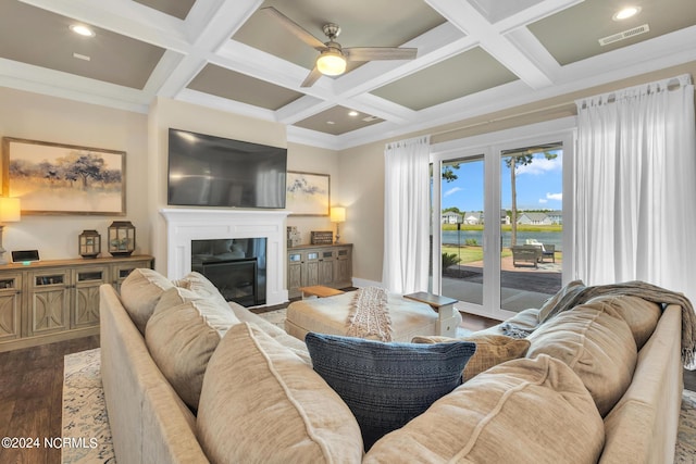 living room with hardwood / wood-style flooring, crown molding, ceiling fan, coffered ceiling, and beamed ceiling