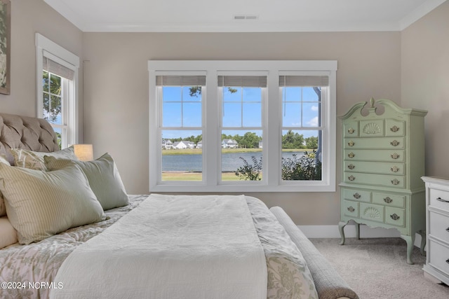 carpeted bedroom featuring crown molding