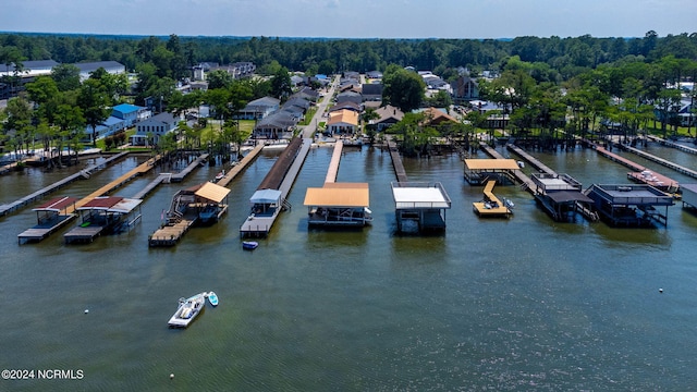 aerial view with a water view and a wooded view