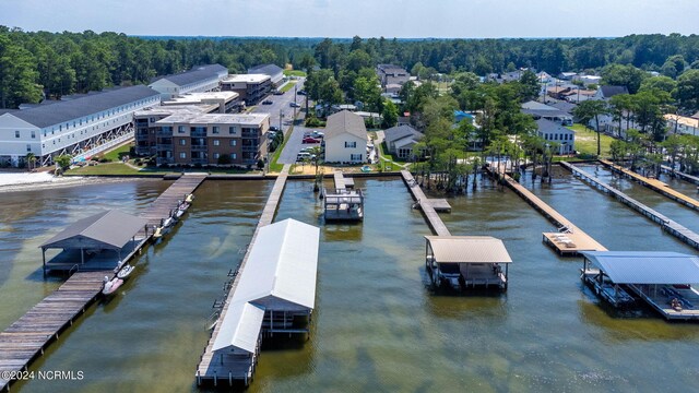 bird's eye view with a water view