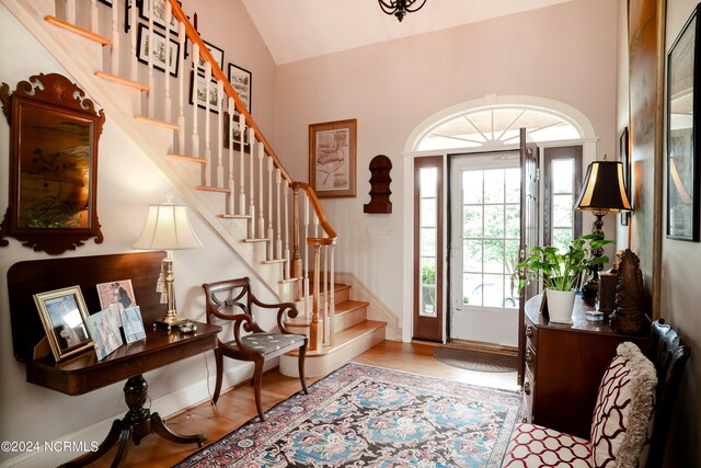 foyer entrance with lofted ceiling and wood-type flooring