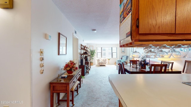 hallway with light carpet and a textured ceiling