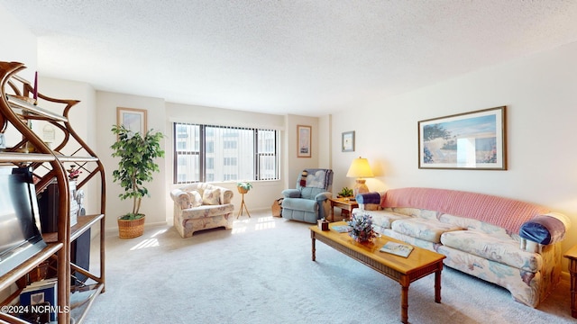 carpeted living room featuring a textured ceiling