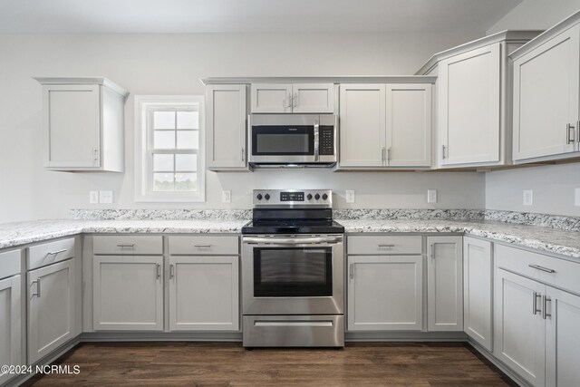 kitchen featuring appliances with stainless steel finishes, light stone countertops, and dark hardwood / wood-style floors