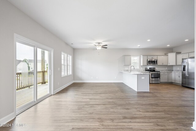 kitchen with stainless steel appliances, kitchen peninsula, gray cabinets, light wood-type flooring, and ceiling fan