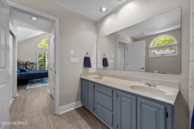 bathroom with double sink vanity and wood-type flooring