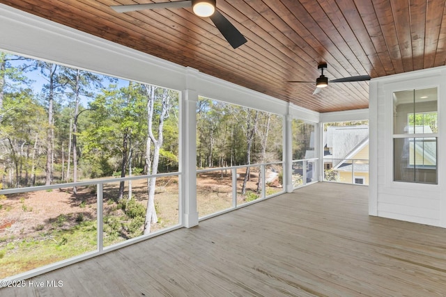3404 Eagle Crest Dr SW, Supply, NC 28462 - unfurnished sunroom with a ceiling fan and view of wooded area