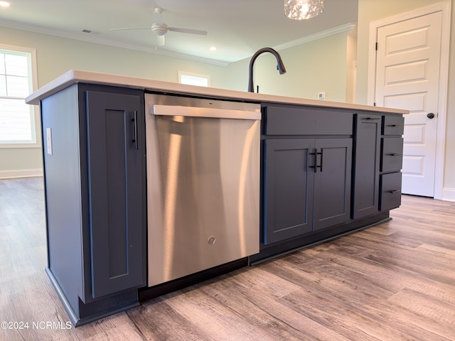 kitchen featuring dishwasher, gray cabinets, ornamental molding, and ceiling fan