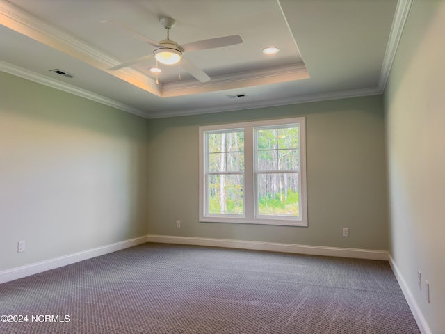 spare room featuring a tray ceiling, ceiling fan, carpet floors, and ornamental molding