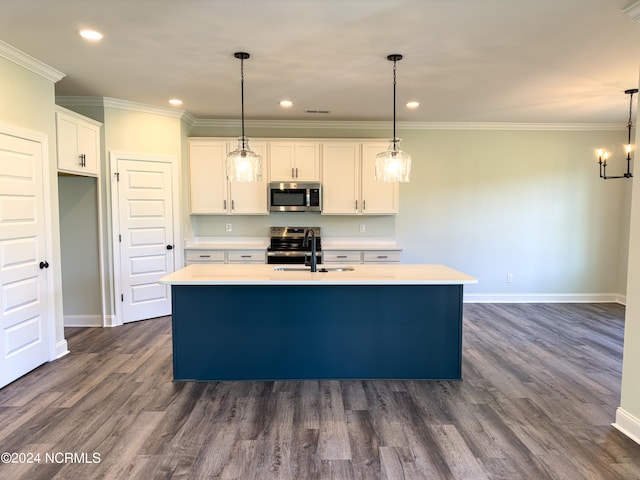 kitchen with dark hardwood / wood-style flooring, stainless steel appliances, a kitchen island with sink, white cabinets, and hanging light fixtures