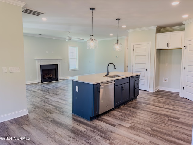 kitchen with white cabinets, sink, hanging light fixtures, stainless steel dishwasher, and ceiling fan