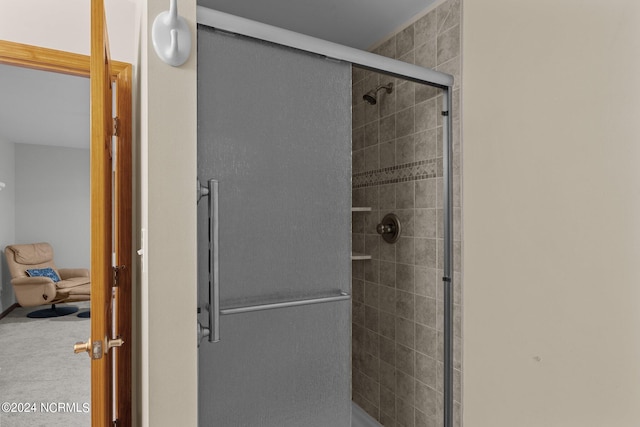 bathroom with a shower with shower door