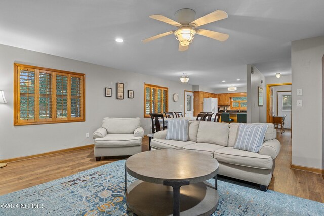 living room featuring light hardwood / wood-style floors and ceiling fan