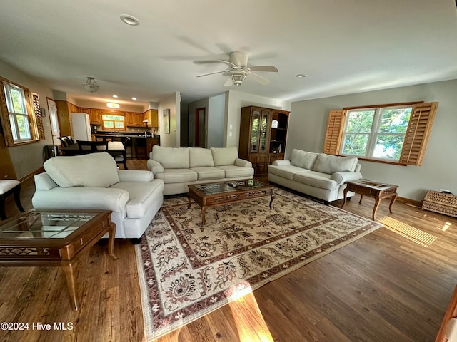 living room with wood-type flooring and ceiling fan