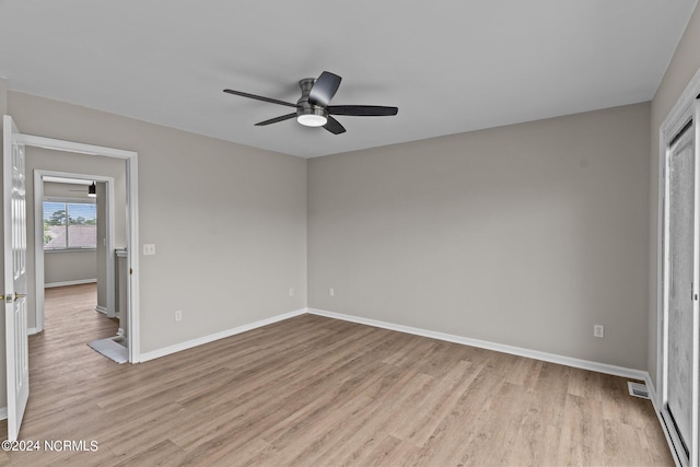 unfurnished bedroom with light wood-type flooring and ceiling fan