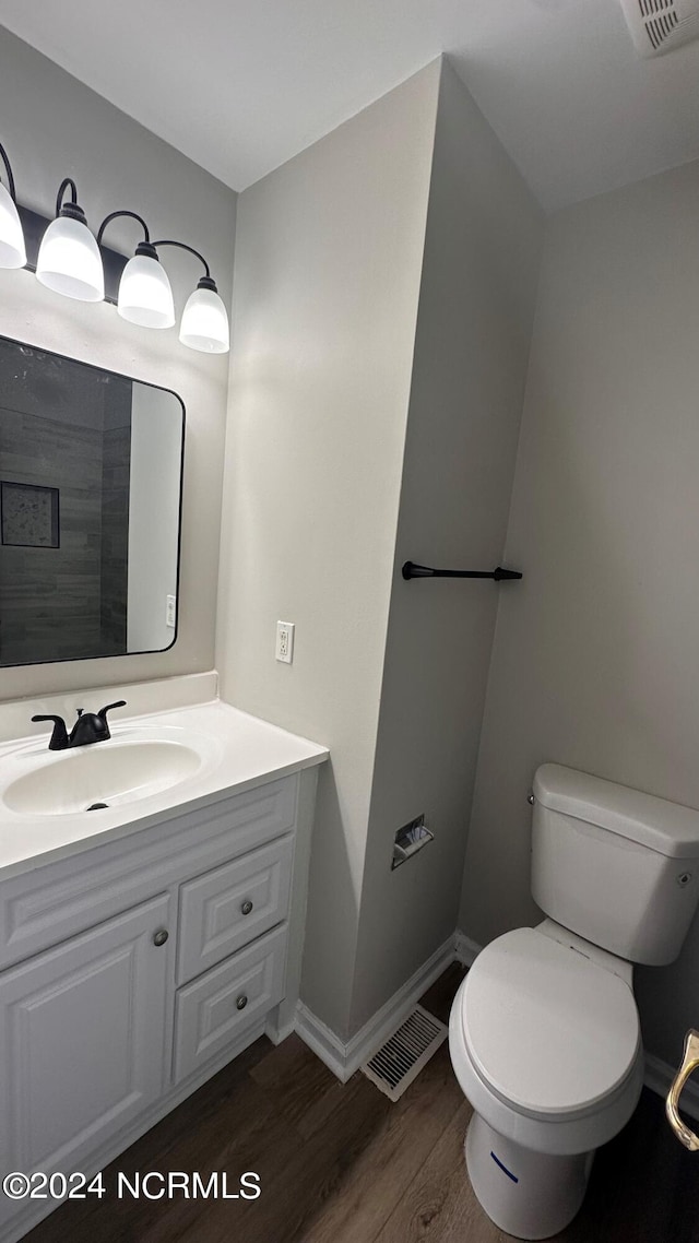 bathroom featuring vanity, toilet, and wood-type flooring