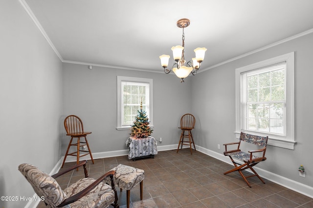 living area featuring ornamental molding, a notable chandelier, and dark tile patterned flooring