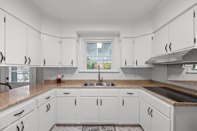 kitchen featuring tasteful backsplash, black electric stovetop, sink, and white cabinets