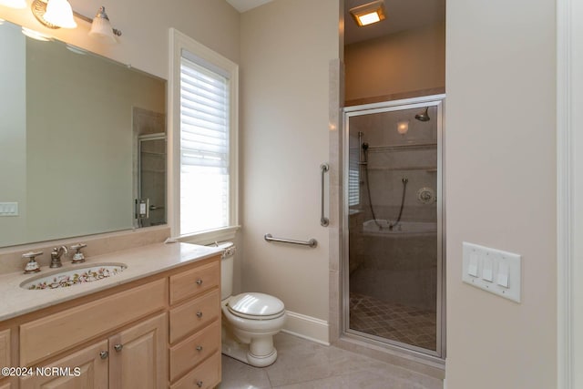 full bathroom featuring vanity, tile patterned flooring, a shower stall, and toilet