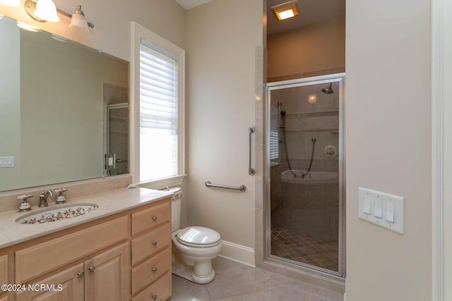 bathroom with a shower stall, tile patterned flooring, vanity, and toilet