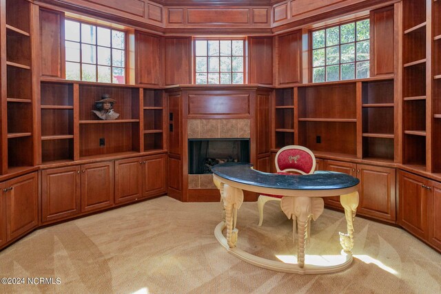 interior space with light carpet, a tile fireplace, and a wealth of natural light