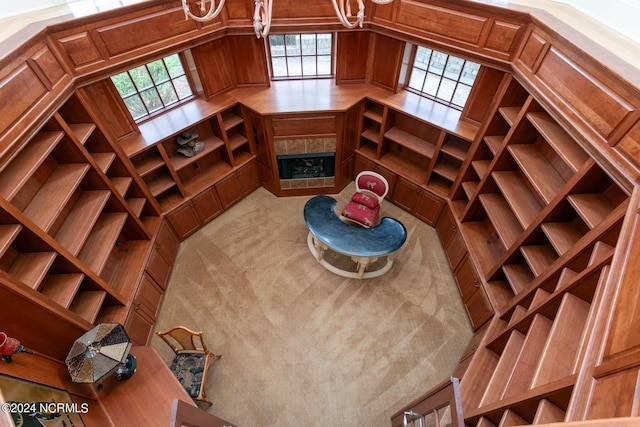 wine area featuring light carpet