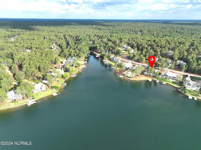 bird's eye view featuring a wooded view and a water view