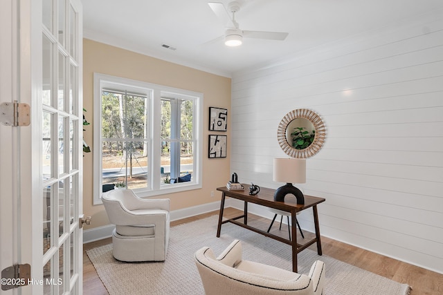 3772 Barnesmore Dr, Castle Hayne, NC 28429 - office space with wood finished floors, ceiling fan, wooden walls, french doors, and crown molding