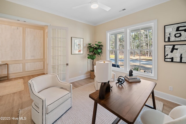 3772 Barnesmore Dr, Castle Hayne, NC 28429 - office with light wood finished floors, a ceiling fan, and crown molding