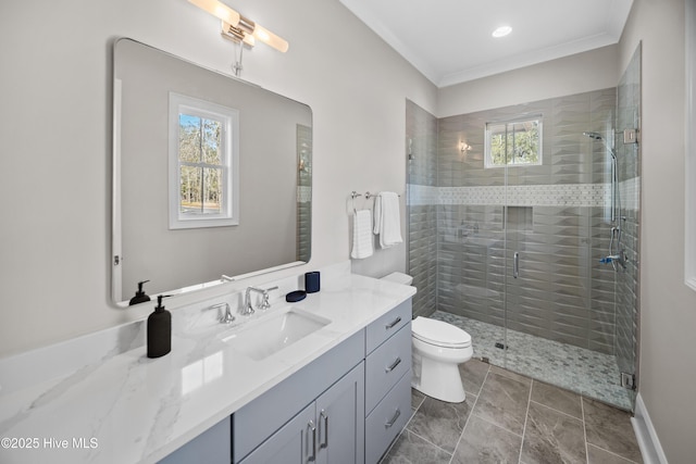 3772 Barnesmore Dr, Castle Hayne, NC 28429 - bathroom with plenty of natural light, vanity, a shower stall, ornamental molding, and recessed lighting