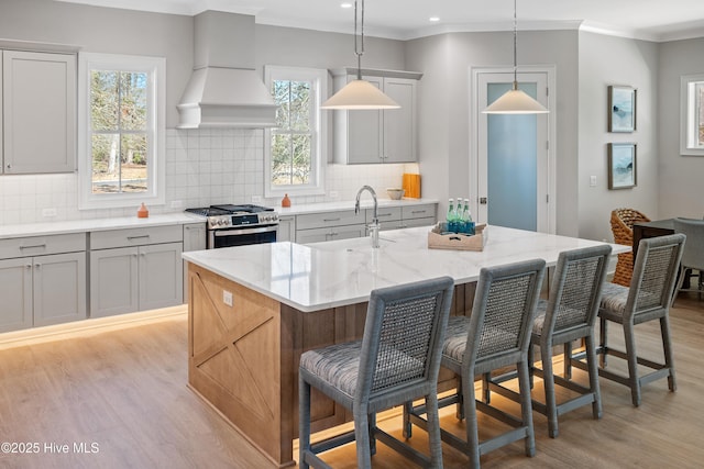 3772 Barnesmore Dr, Castle Hayne, NC 28429 - kitchen with stainless steel gas stove, light wood finished floors, custom exhaust hood, tasteful backsplash, and ornamental molding