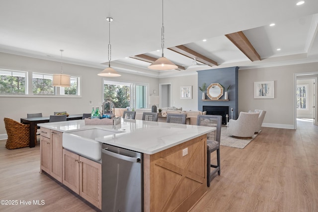 3772 Barnesmore Dr, Castle Hayne, NC 28429 - kitchen with dishwasher, recessed lighting, an island with sink, beam ceiling, and ornamental molding