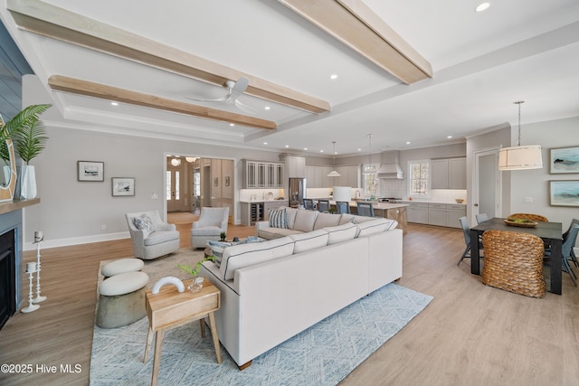 3772 Barnesmore Dr, Castle Hayne, NC 28429 - living room featuring light wood finished floors, recessed lighting, beamed ceiling, a fireplace, and ceiling fan