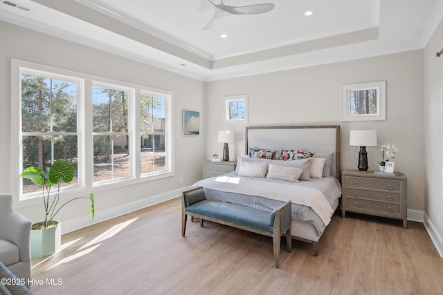 3772 Barnesmore Dr, Castle Hayne, NC 28429 - bedroom with a raised ceiling, light wood-style flooring, crown molding, recessed lighting, and a ceiling fan