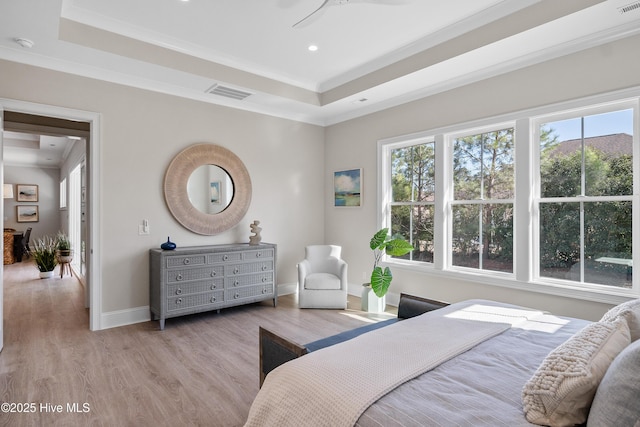 3772 Barnesmore Dr, Castle Hayne, NC 28429 - bedroom with a raised ceiling, light wood finished floors, crown molding, and recessed lighting