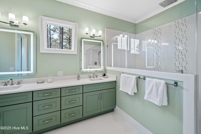 3772 Barnesmore Dr, Castle Hayne, NC 28429 - full bathroom with double vanity, a shower, and ornamental molding