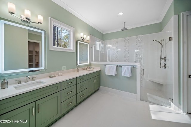 3772 Barnesmore Dr, Castle Hayne, NC 28429 - bathroom featuring a shower stall, double vanity, ornamental molding, and tile patterned flooring
