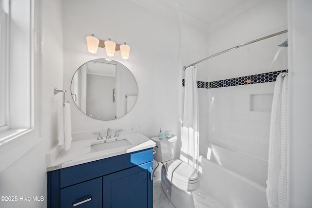 3772 Barnesmore Dr, Castle Hayne, NC 28429 - full bathroom with marble look tiles, vanity, and shower / bath combo with shower curtain