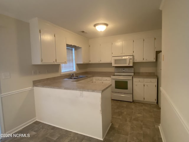 kitchen featuring white cabinetry, sink, white appliances, and kitchen peninsula