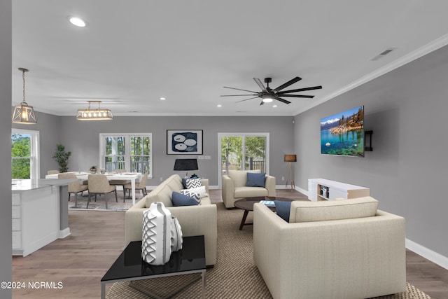 living room with crown molding, ceiling fan, and wood-type flooring