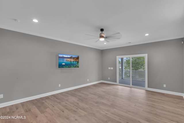 unfurnished room with crown molding, ceiling fan, and light hardwood / wood-style flooring