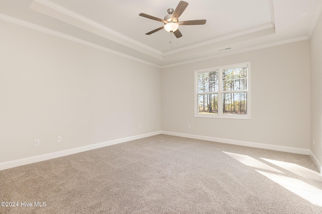 unfurnished room with ceiling fan, ornamental molding, carpet floors, and a tray ceiling