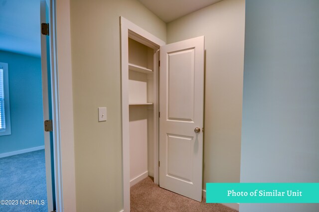 hallway featuring light carpet